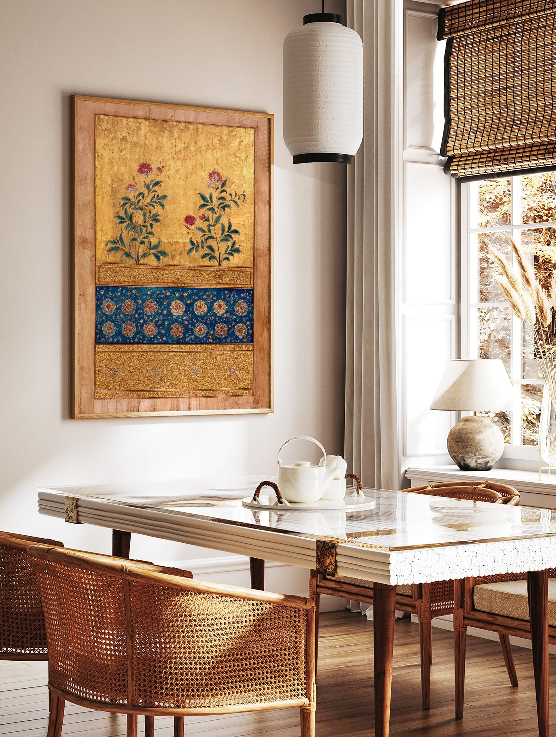 Gilded Indian Mughal botanical painting with pink flowers, green leaves, and intricate blue and gold floral patterns. - Image 2