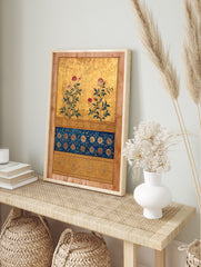 Gilded Indian Mughal botanical painting with pink flowers, green leaves, and intricate blue and gold floral patterns. - Image 3