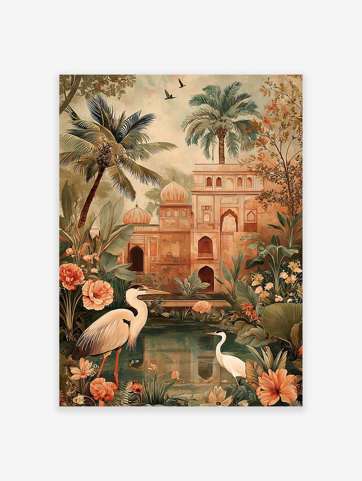 Indian Palace Garden poster with elegant herons, lush palm trees, and traditional architecture by a tranquil pond.