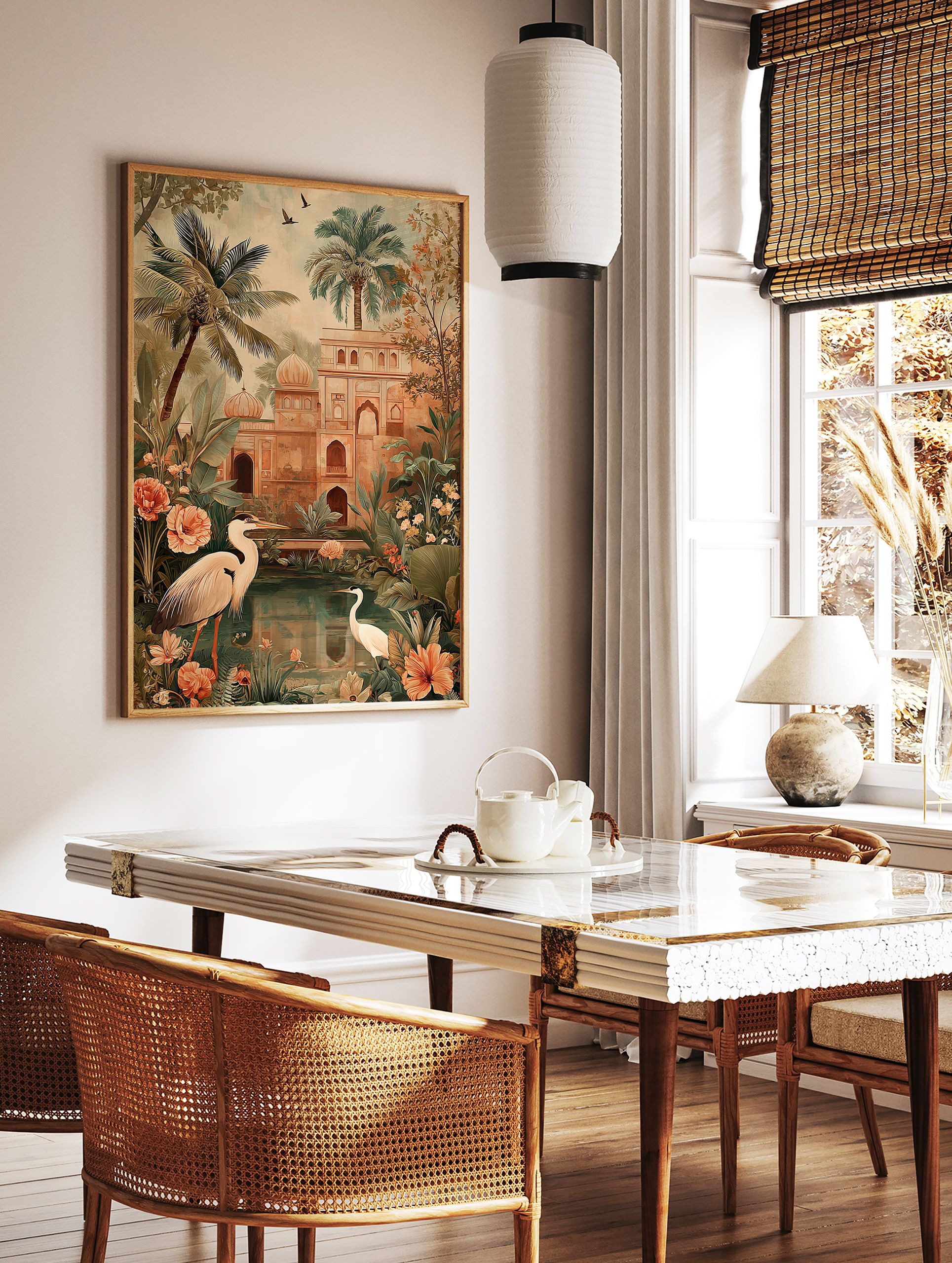 Indian Palace Garden poster with elegant herons, lush palm trees, and traditional architecture by a tranquil pond. - Image 2