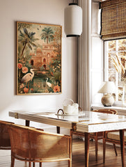 Indian Palace Garden poster with elegant herons, lush palm trees, and traditional architecture by a tranquil pond. - Image 2