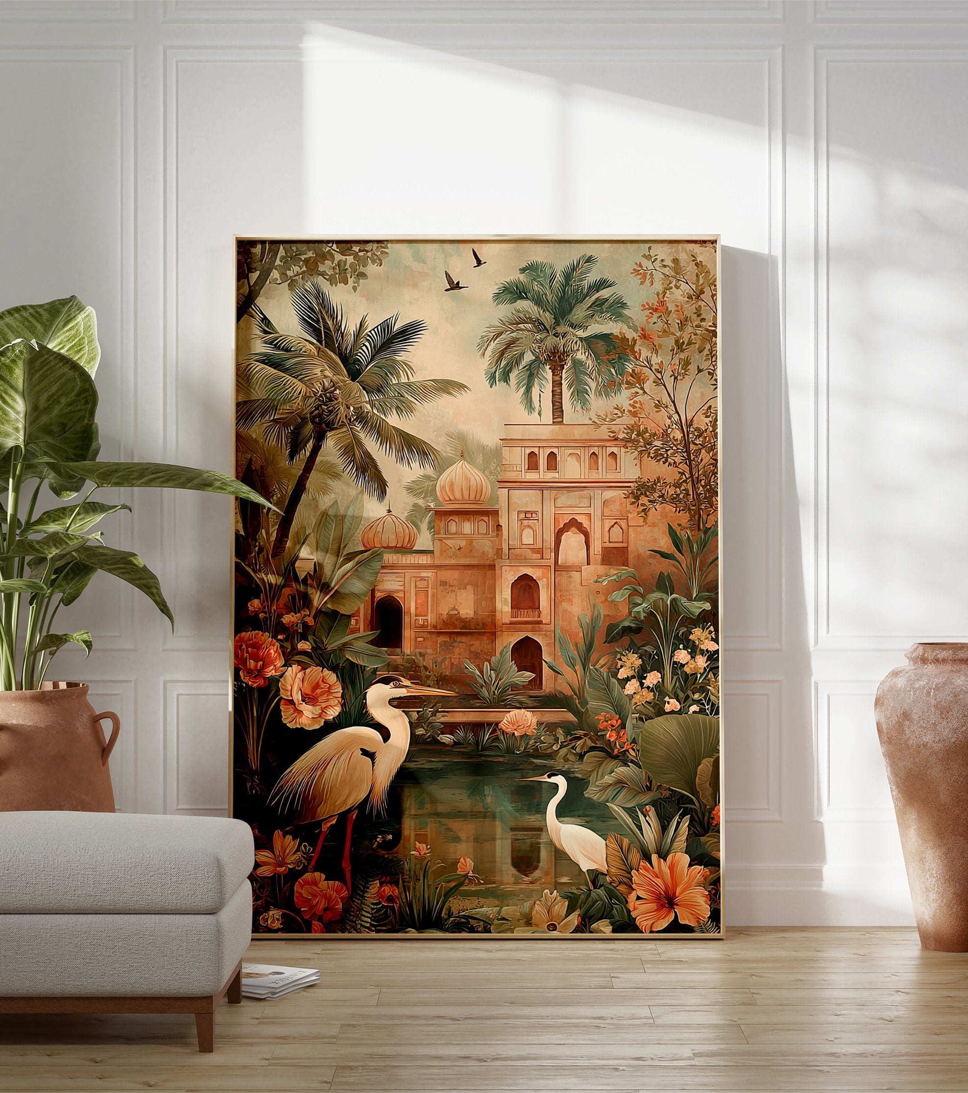 Indian Palace Garden poster with elegant herons, lush palm trees, and traditional architecture by a tranquil pond. - Image 3