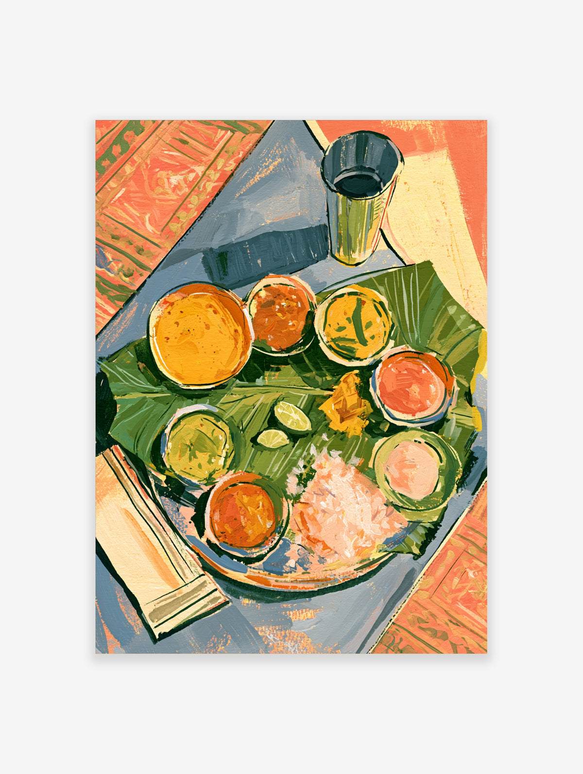 Indian thali food poster with curries, rice and lime on a banana leaf, painted in gouache style