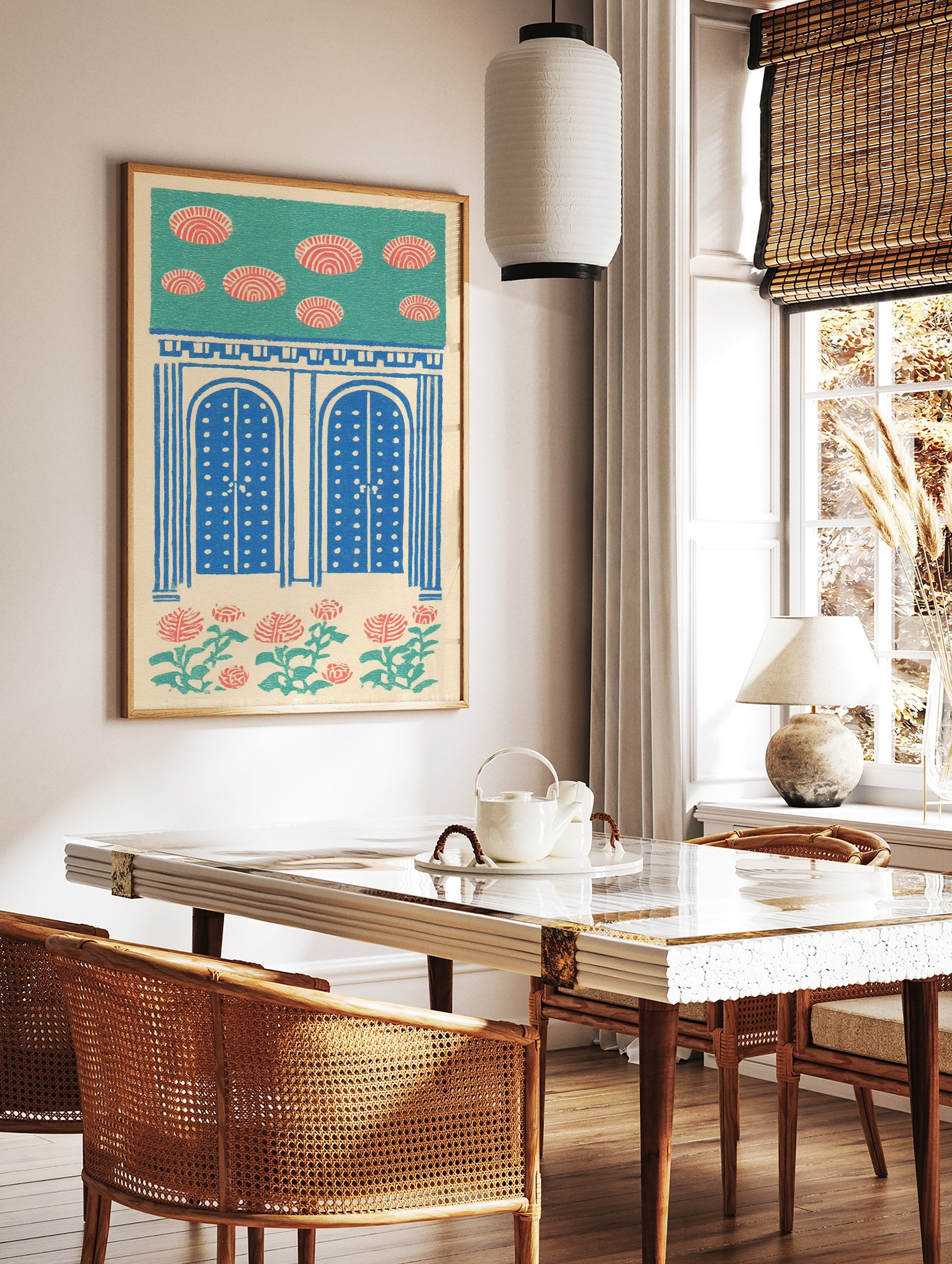 Indian Wall Art print with blue arched doors, red floral patterns, and teal sky on a cream background, folk art style. - Image 2