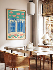 Indian Wall Art print with blue arched doors, red floral patterns, and teal sky on a cream background, folk art style. - Image 2
