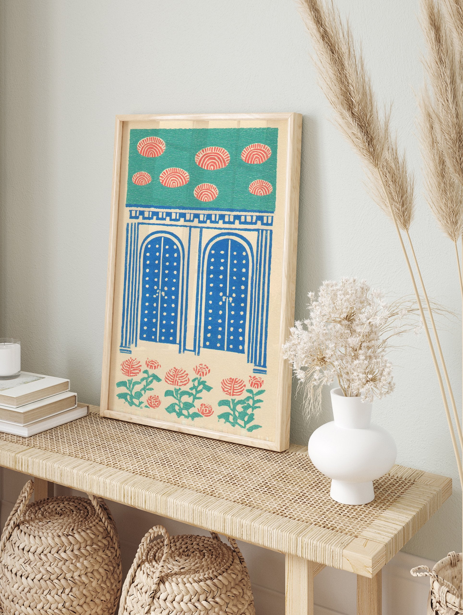 Indian Wall Art print with blue arched doors, red floral patterns, and teal sky on a cream background, folk art style. - Image 3