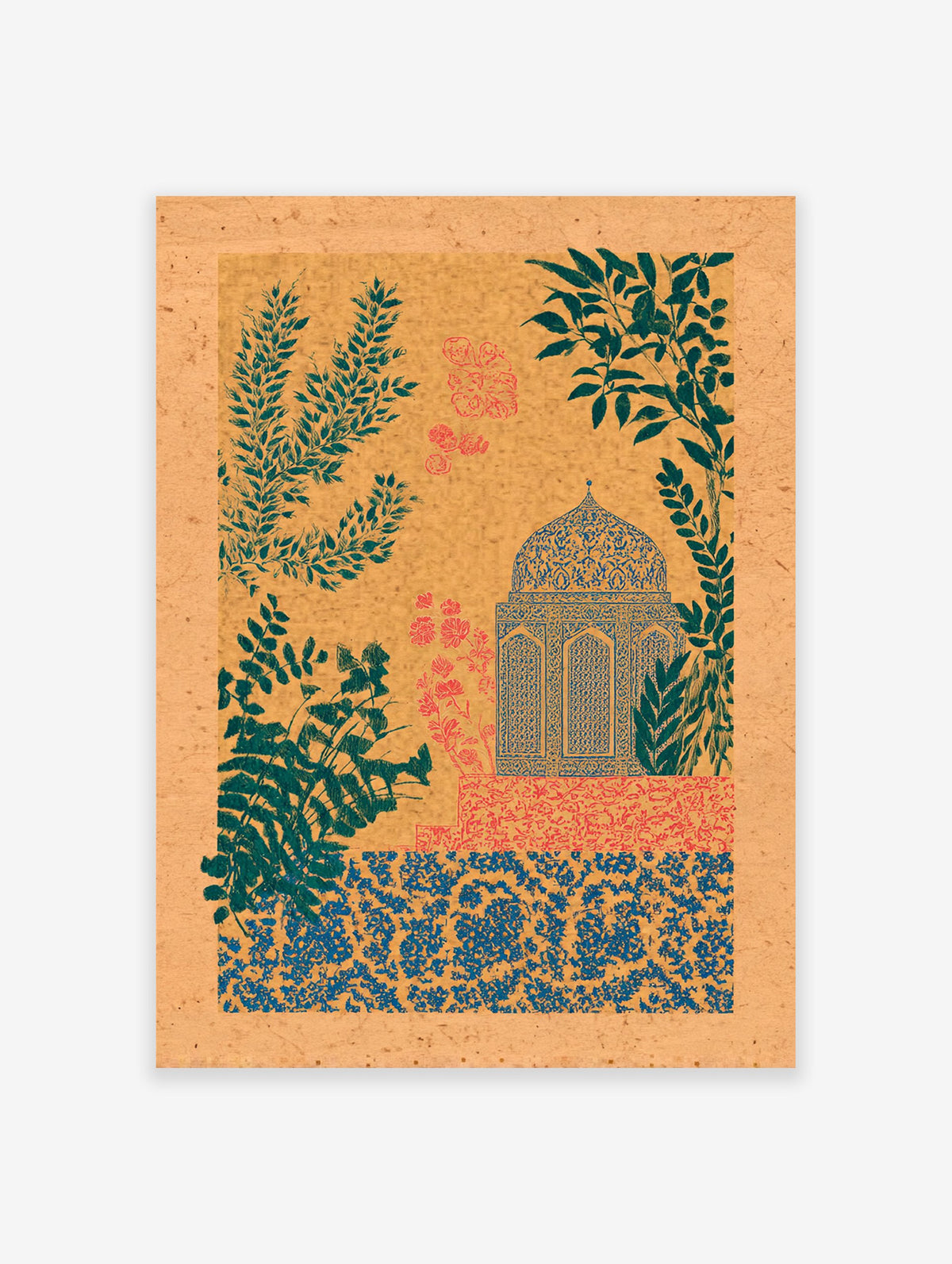 Indian wall art print with a teal dome structure, coral flowers, and green leaves on a textured tan background.