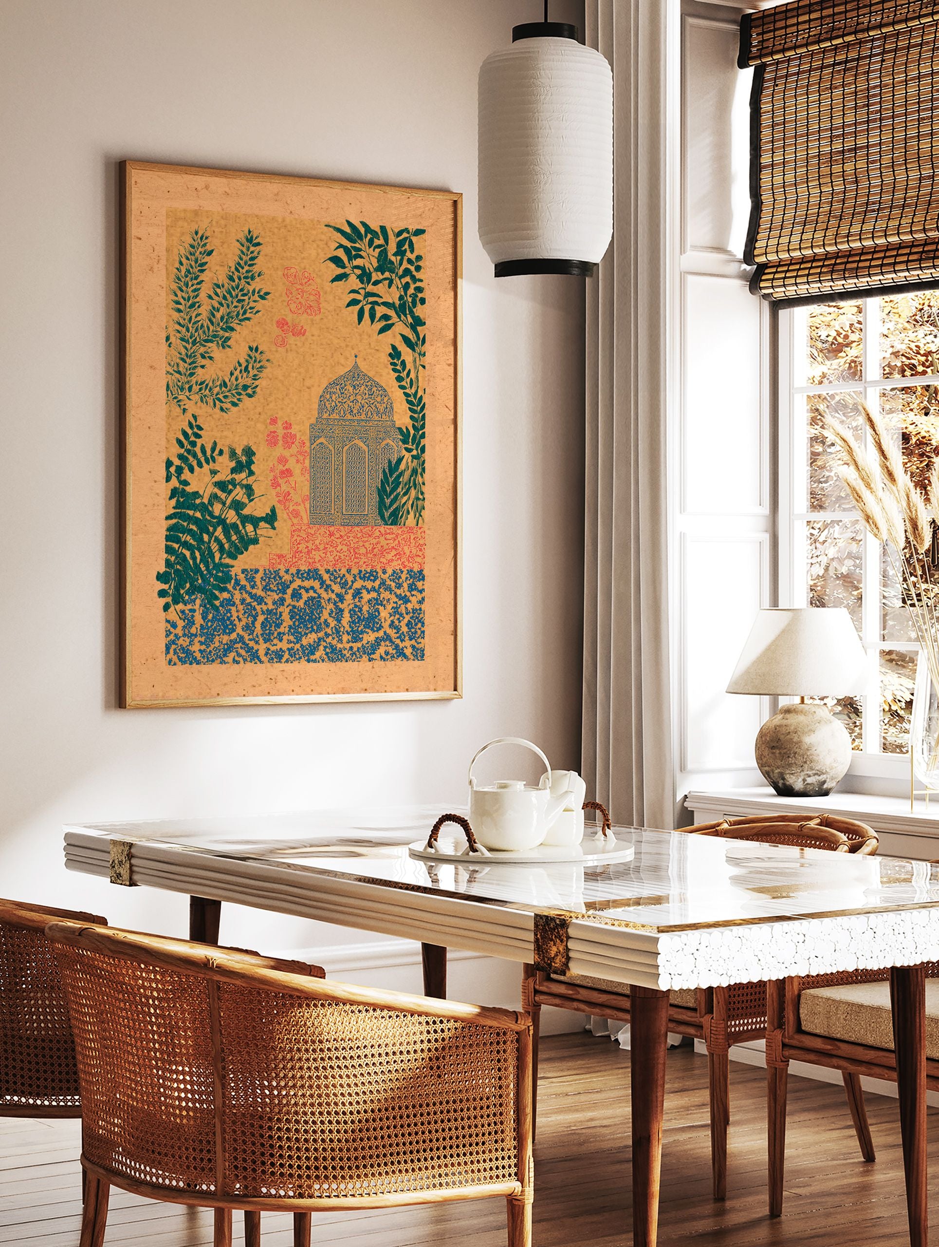 Indian wall art print with a teal dome structure, coral flowers, and green leaves on a textured tan background. - Image 2