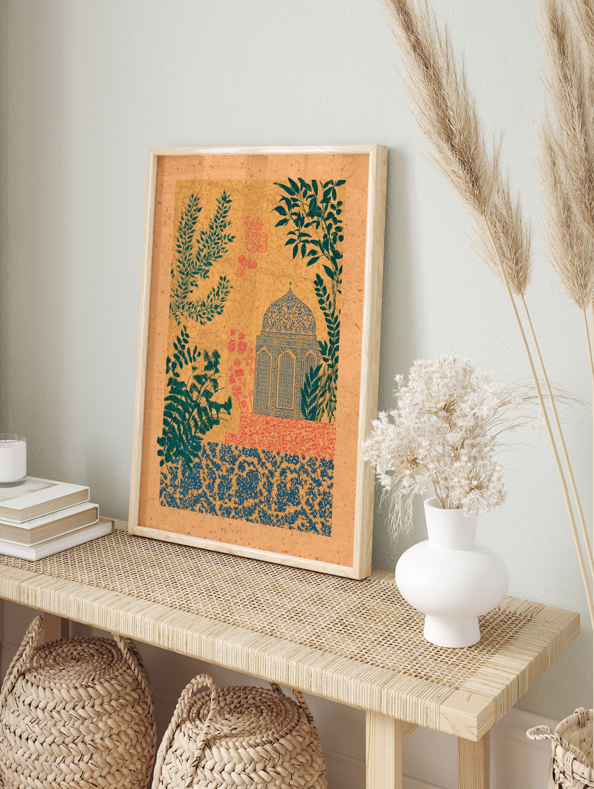 Indian wall art print with a teal dome structure, coral flowers, and green leaves on a textured tan background. - Image 3
