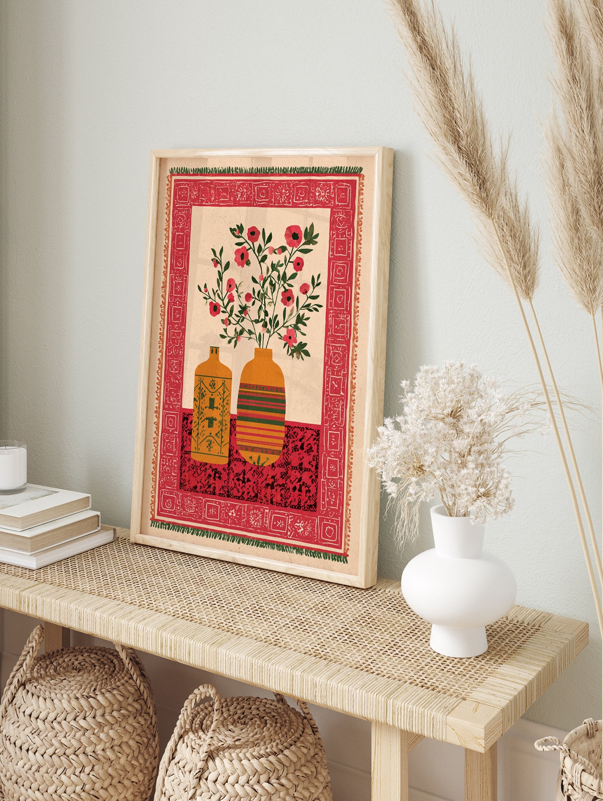 Indian wall art print with two vases of red botanical flowers on a patterned red table, framed by a decorative border. - Image 3