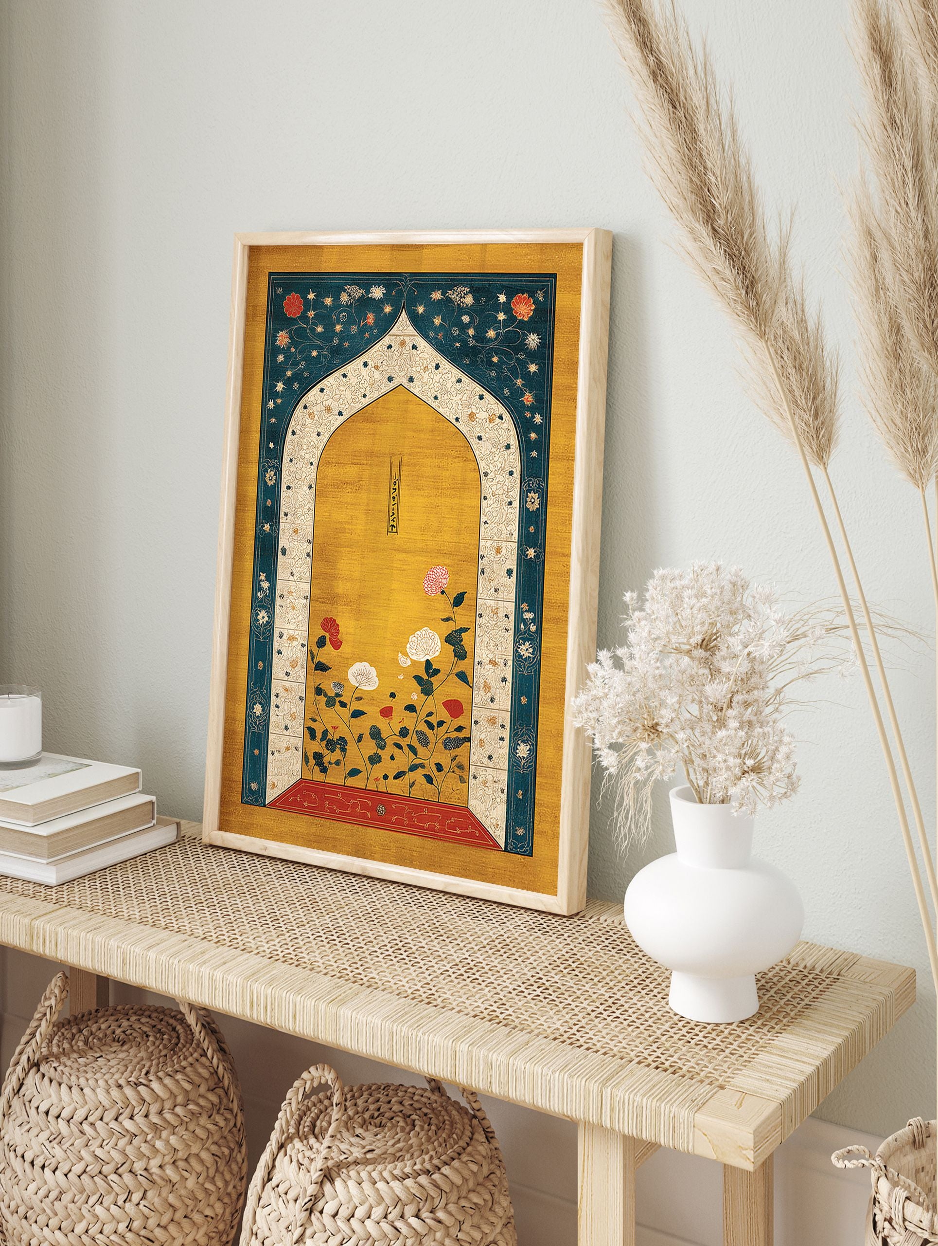 Indian wall art featuring a Mughal arch with red, white, and teal botanical flowers on a gold background. - Image 3
