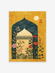 Indian Wall Art print with a Mughal archway, dome, golden background, teal interior, and vibrant botanical flowers.