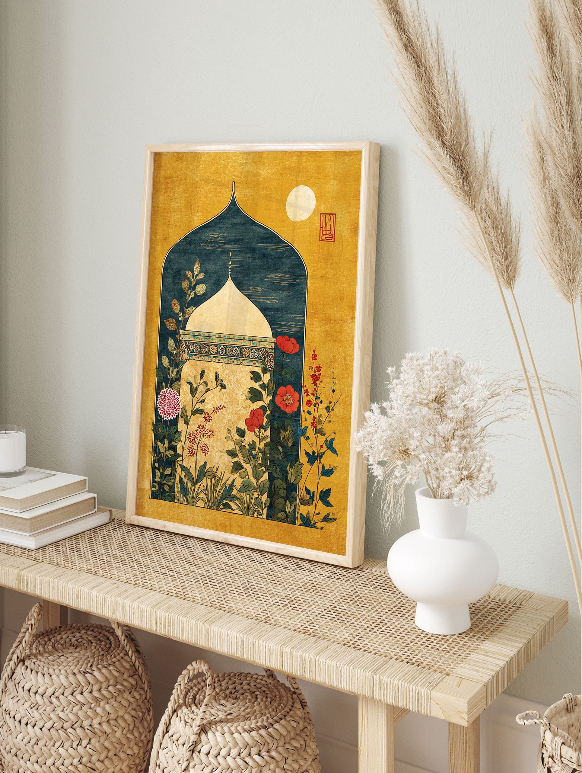 Indian Wall Art print with a Mughal archway, dome, golden background, teal interior, and vibrant botanical flowers. - Image 3
