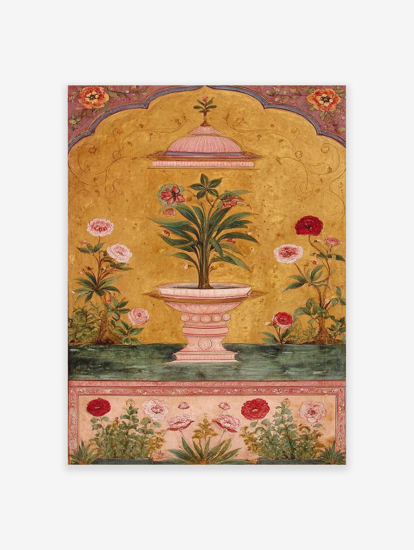 Indian Wall Art print of a Mughal botanical painting with a plant in a fountain, pink flowers, and gold background.