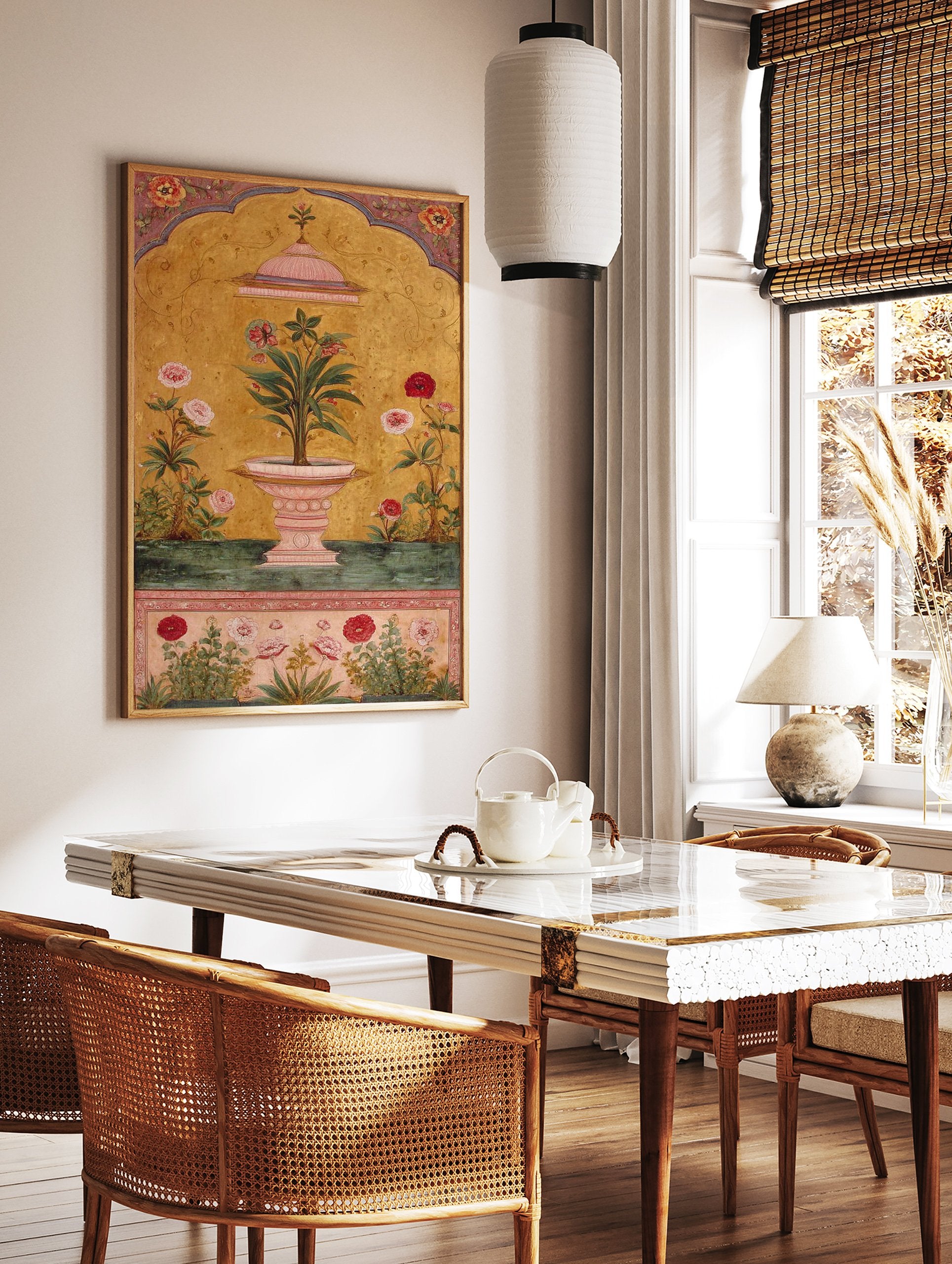 Indian Wall Art print of a Mughal botanical painting with a plant in a fountain, pink flowers, and gold background. - Image 2