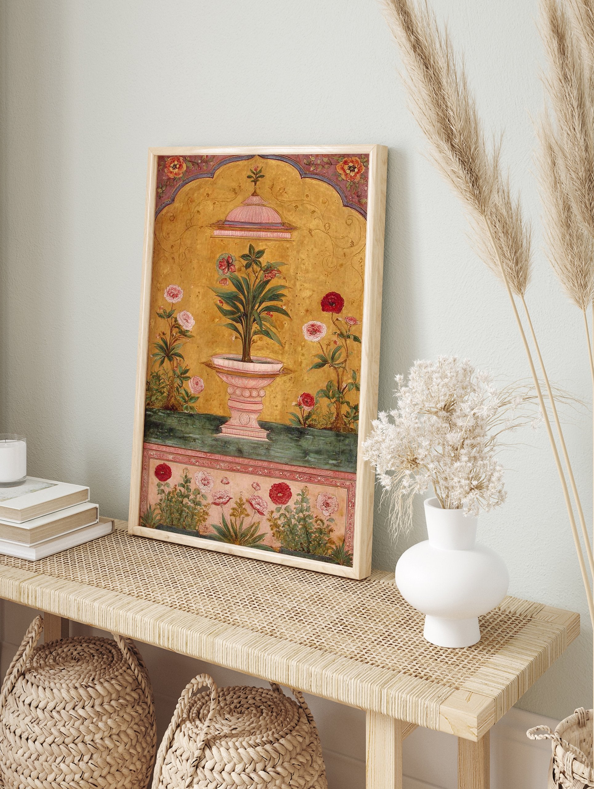 Indian Wall Art print of a Mughal botanical painting with a plant in a fountain, pink flowers, and gold background. - Image 3