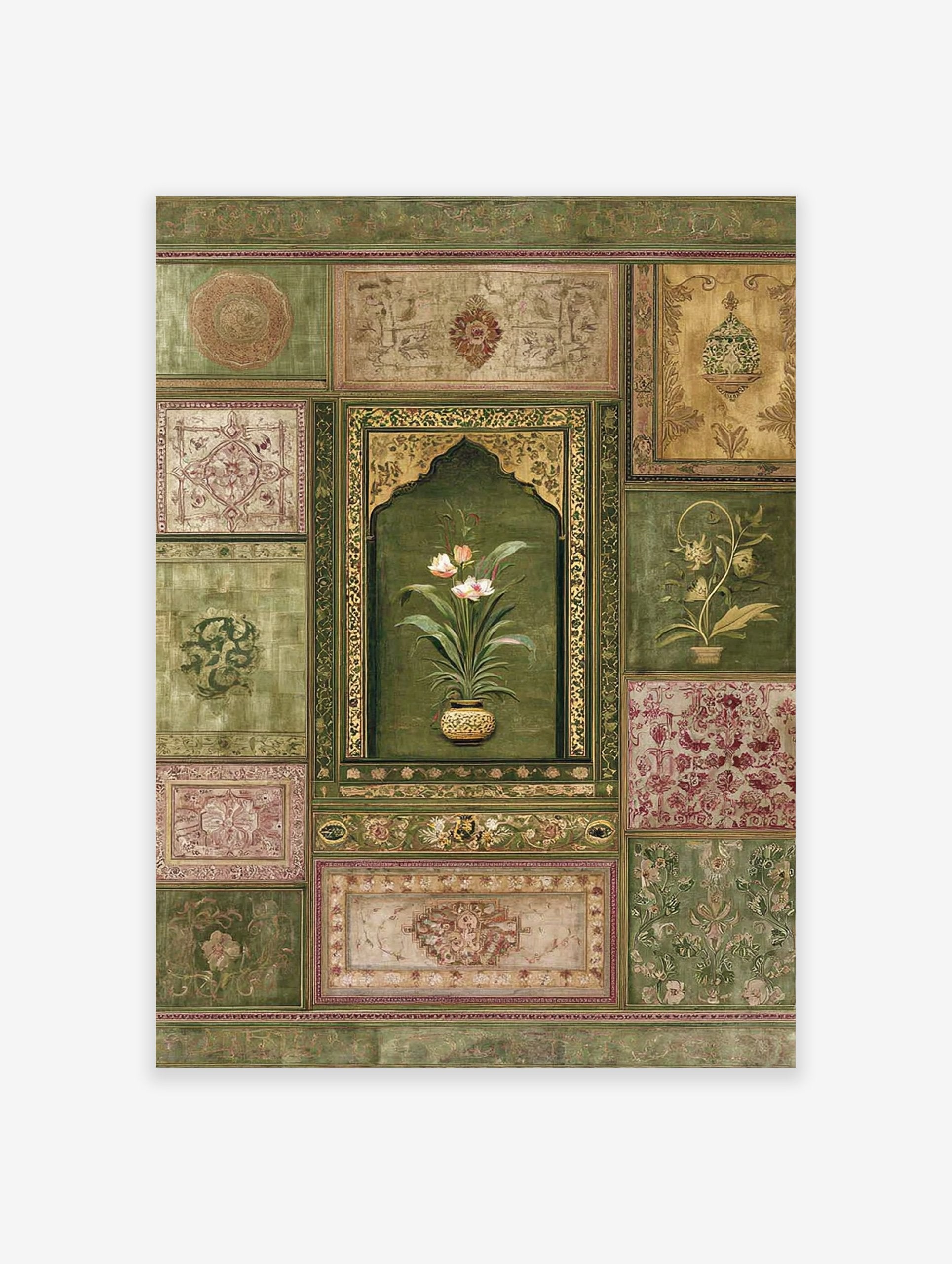 Intricate Indian wall art with a central arched panel featuring a potted white flower, surrounded by green, gold, and red botanical patterns.