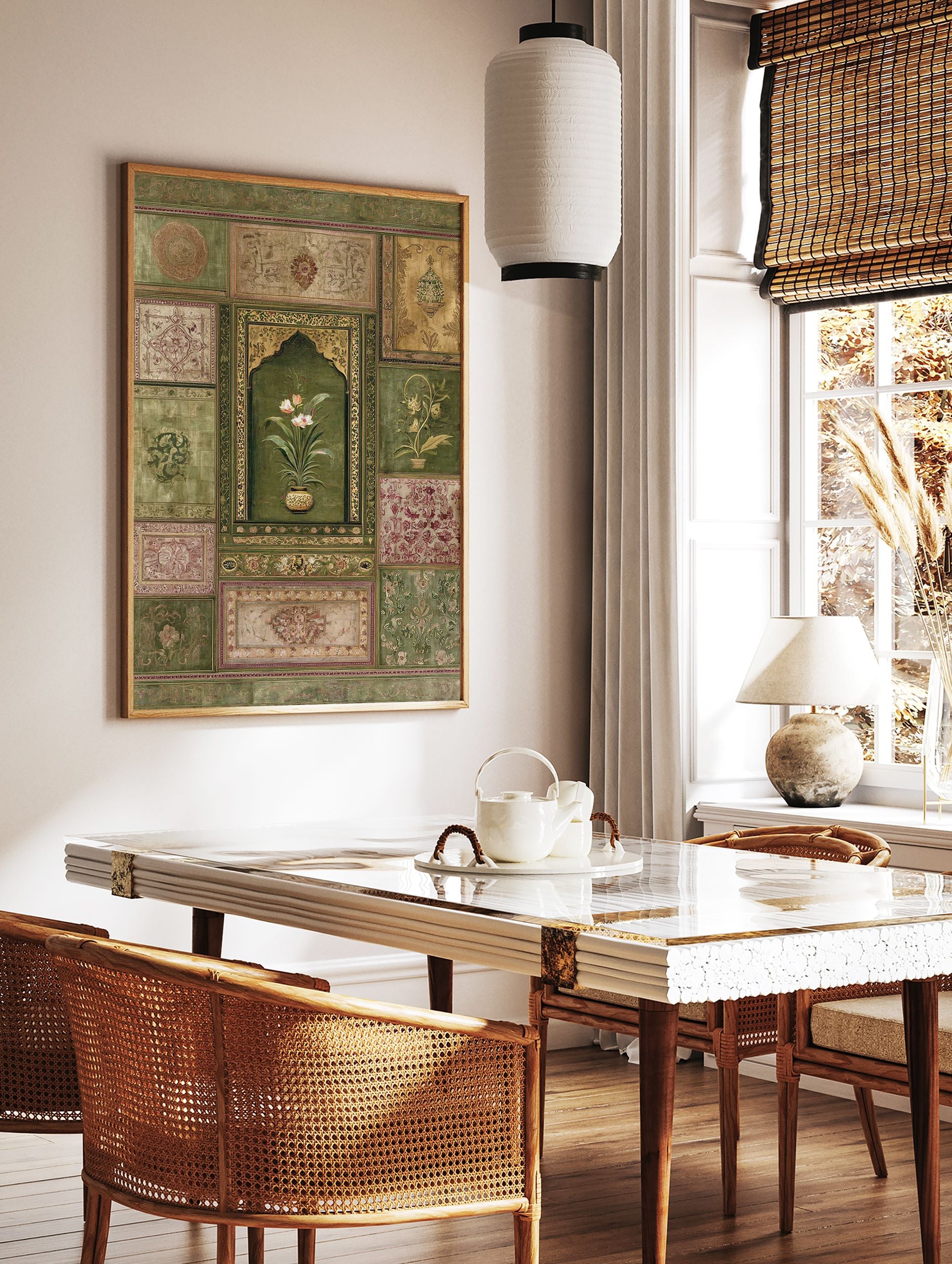 Intricate Indian wall art with a central arched panel featuring a potted white flower, surrounded by green, gold, and red botanical patterns. - Image 2