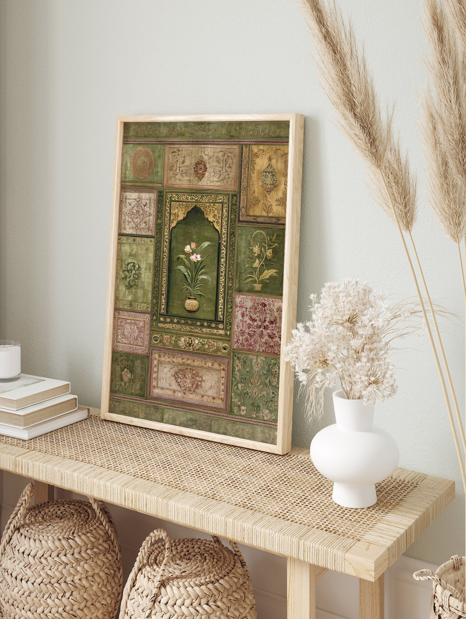 Intricate Indian wall art with a central arched panel featuring a potted white flower, surrounded by green, gold, and red botanical patterns. - Image 3