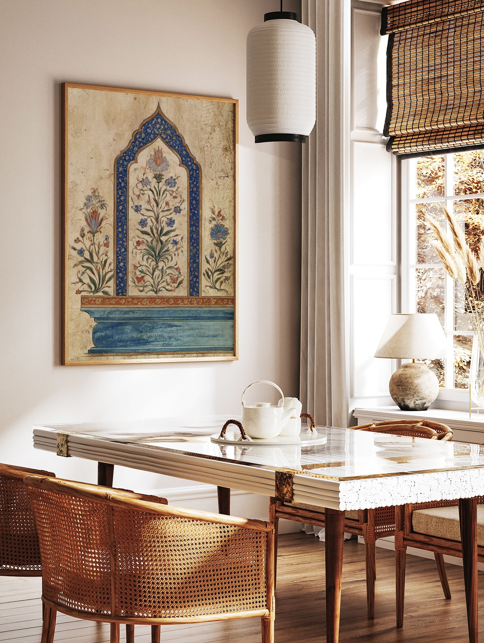 Ornate Indian wall art featuring a central blue arched frame with colorful Mughal botanical flowers on a beige background. - Image 2