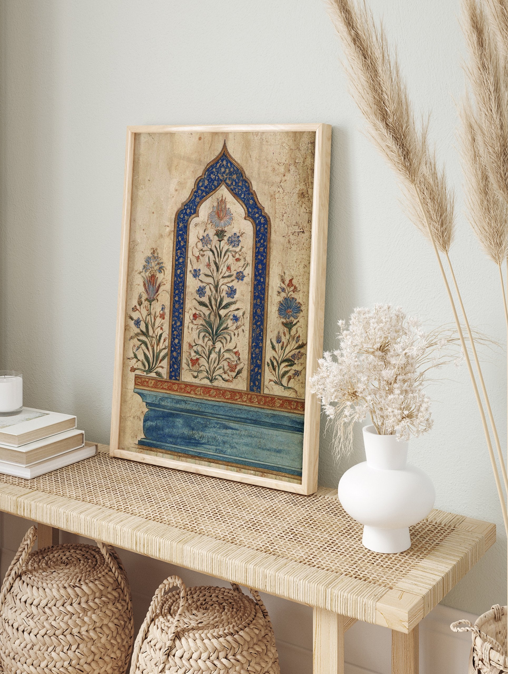 Ornate Indian wall art featuring a central blue arched frame with colorful Mughal botanical flowers on a beige background. - Image 3