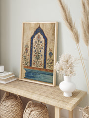 Ornate Indian wall art featuring a central blue arched frame with colorful Mughal botanical flowers on a beige background. - Image 3