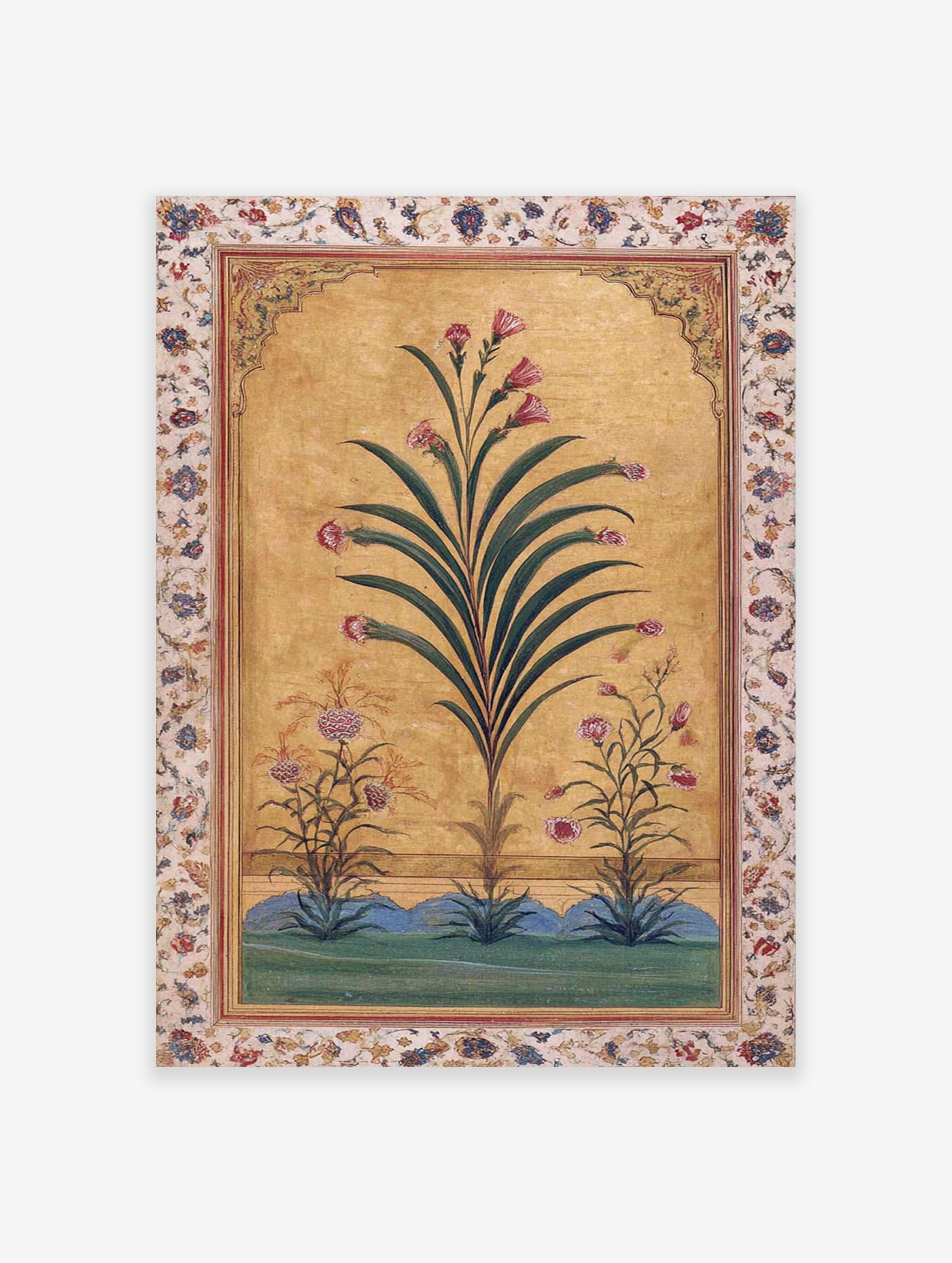 Indian botanical wall art with pink flowers, green leaves, and a golden arched background with a floral border.