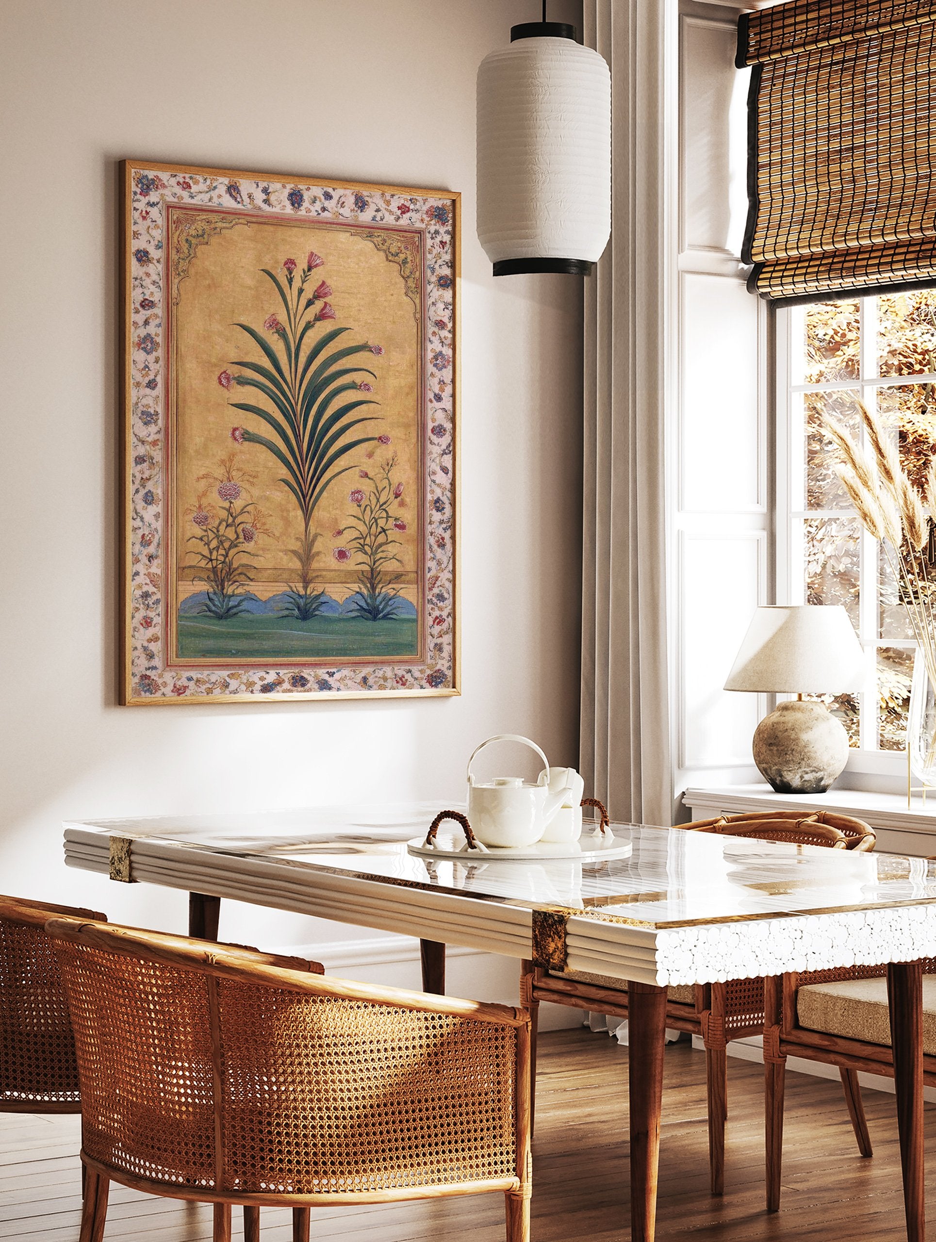 Indian botanical wall art with pink flowers, green leaves, and a golden arched background with a floral border. - Image 2