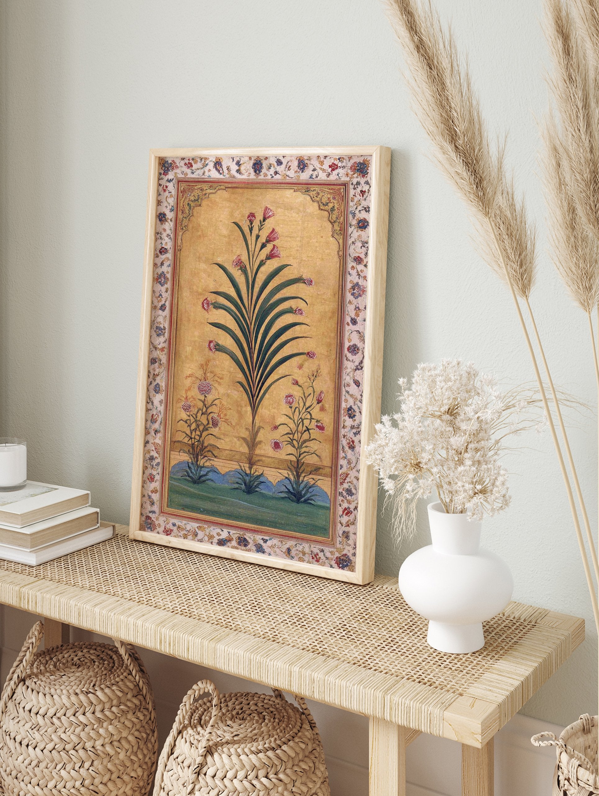 Indian botanical wall art with pink flowers, green leaves, and a golden arched background with a floral border. - Image 3