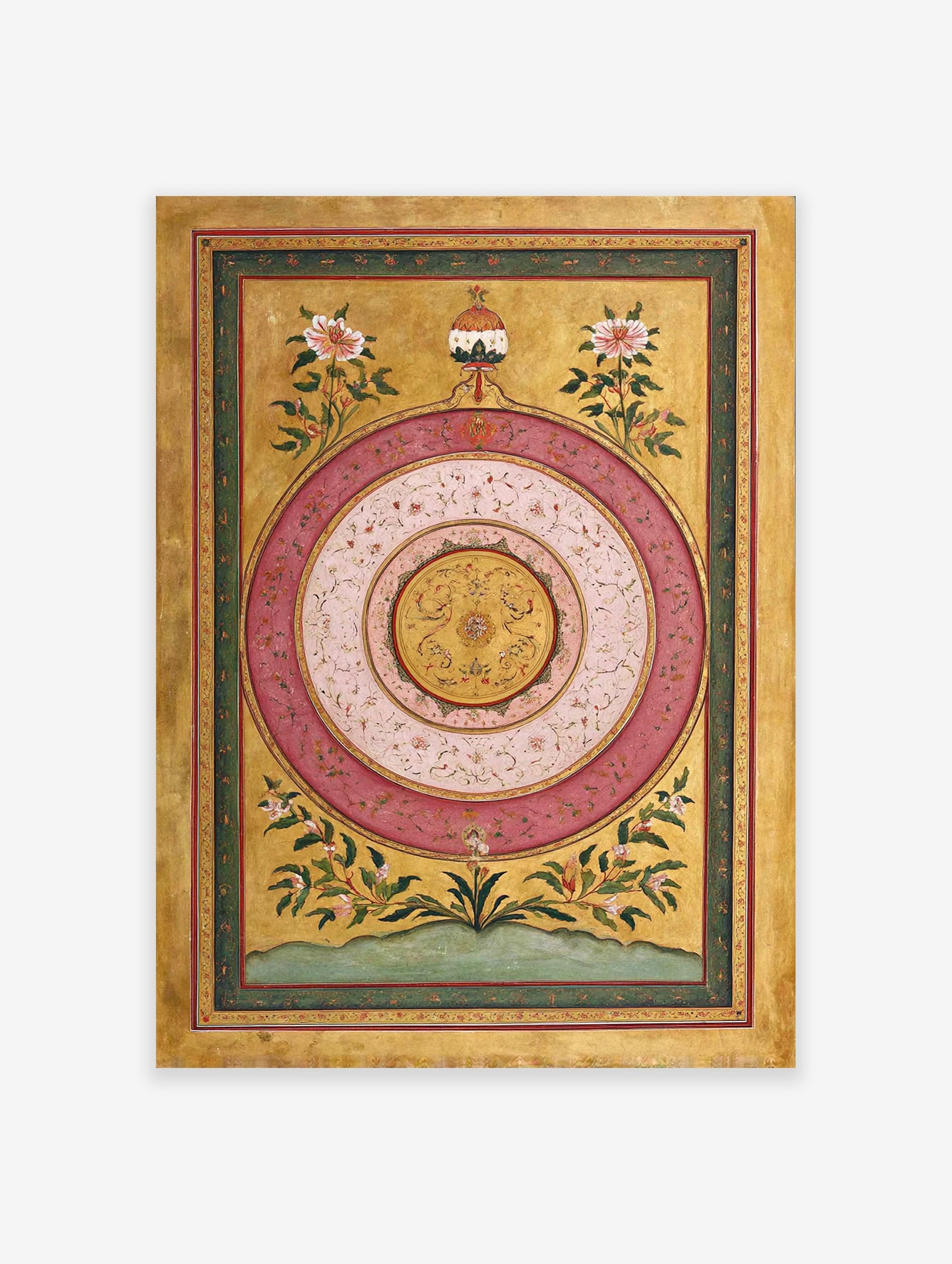 Traditional Indian Mughal art print: central medallion with pink and white concentric circles, gold background, and floral borders.