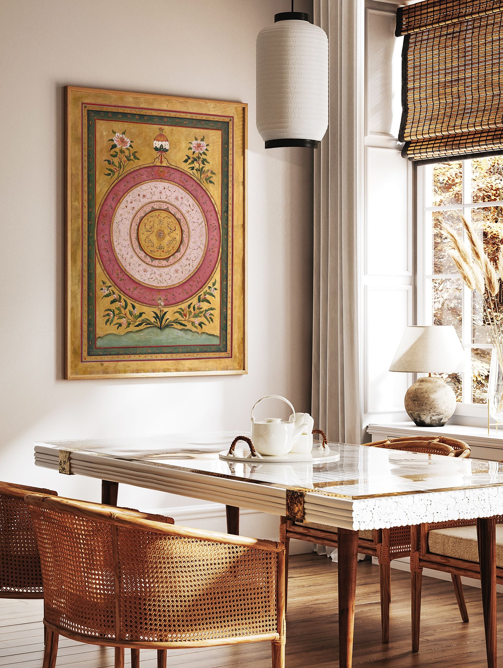 Traditional Indian Mughal art print: central medallion with pink and white concentric circles, gold background, and floral borders. - Image 2