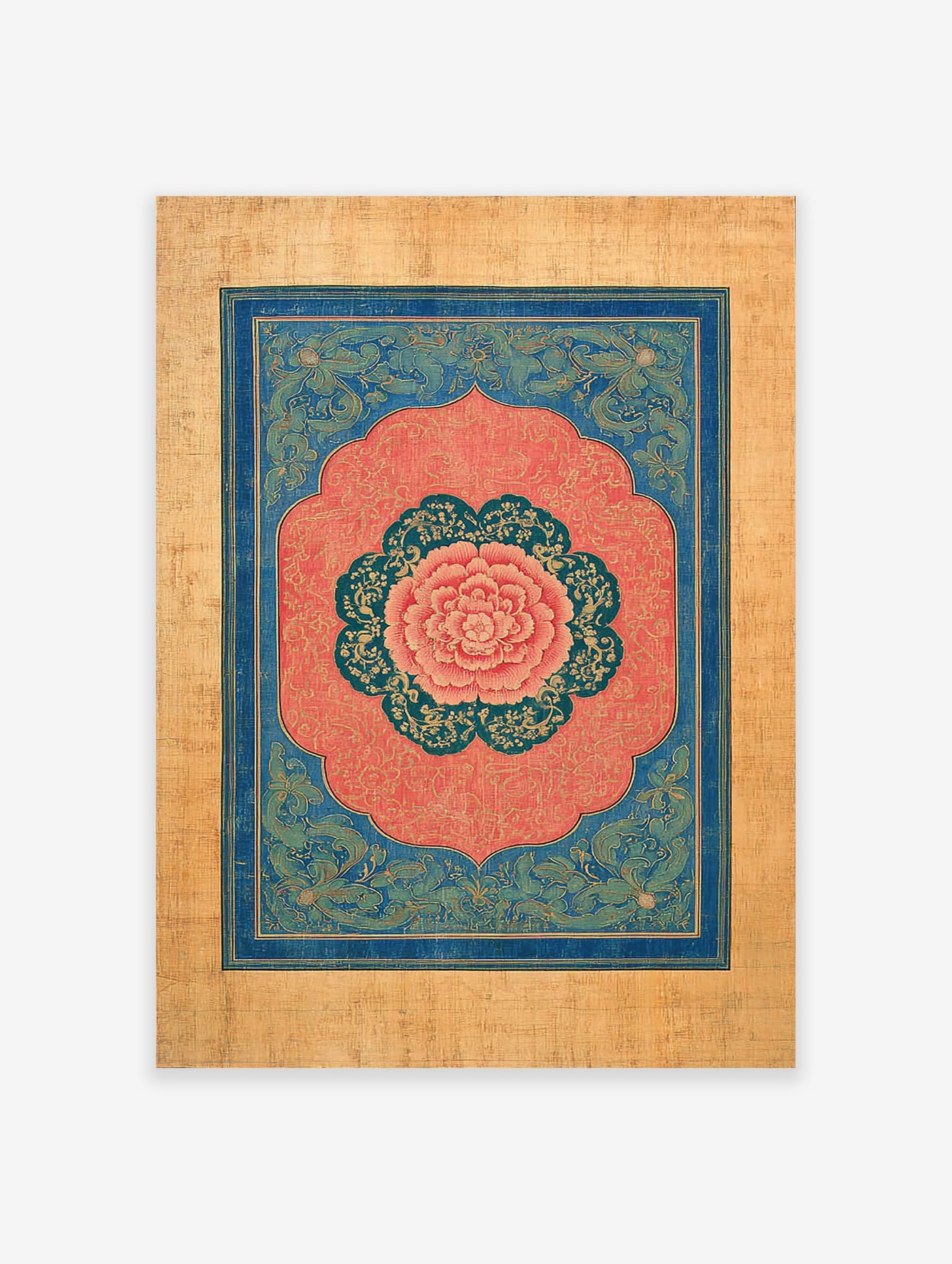 Ornate Indian wall art print featuring a pink peony flower, teal and gold patterns, and a blue decorative border.