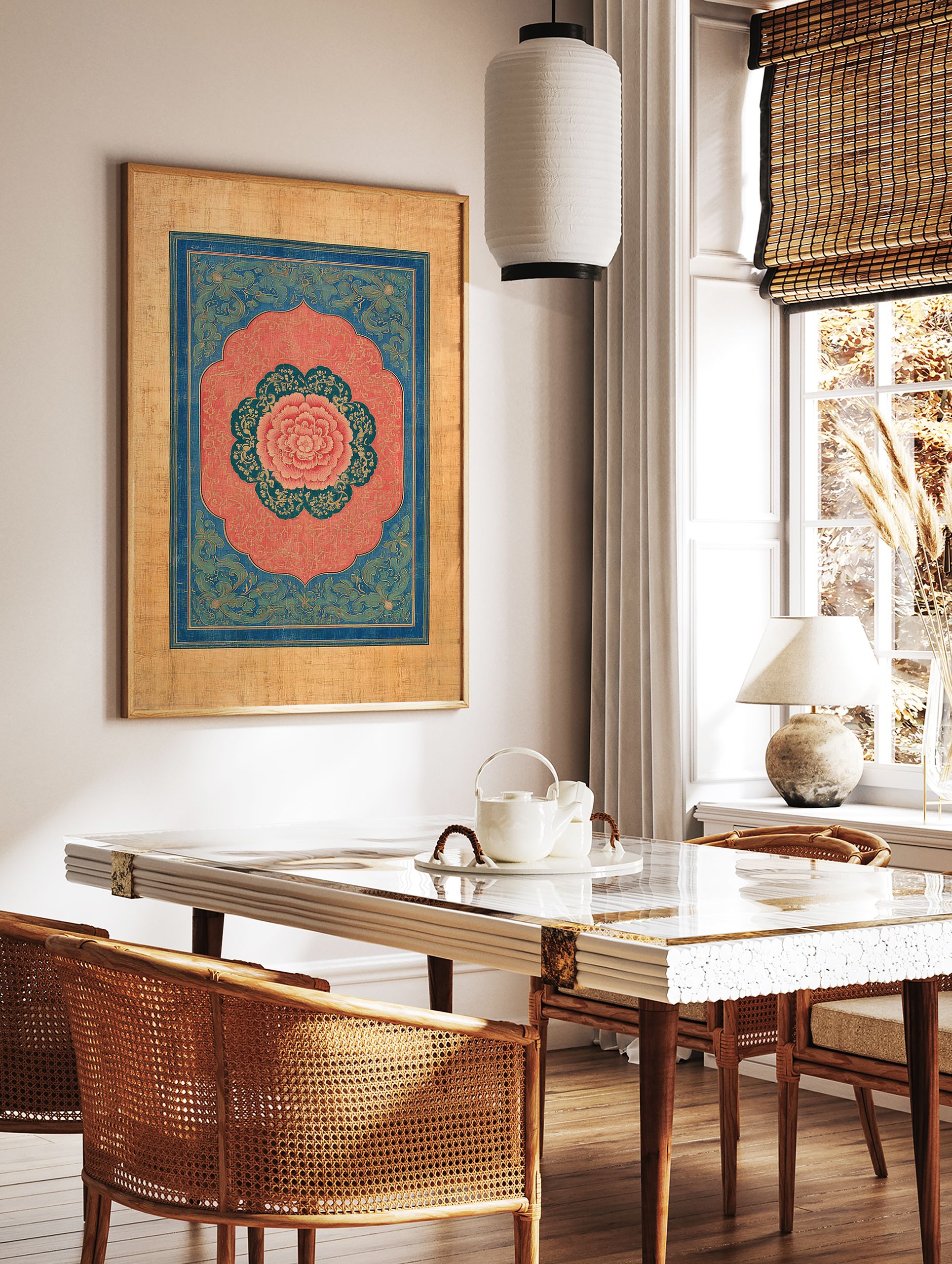 Ornate Indian wall art print featuring a pink peony flower, teal and gold patterns, and a blue decorative border. - Image 2