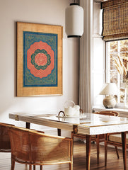 Ornate Indian wall art print featuring a pink peony flower, teal and gold patterns, and a blue decorative border. - Image 2