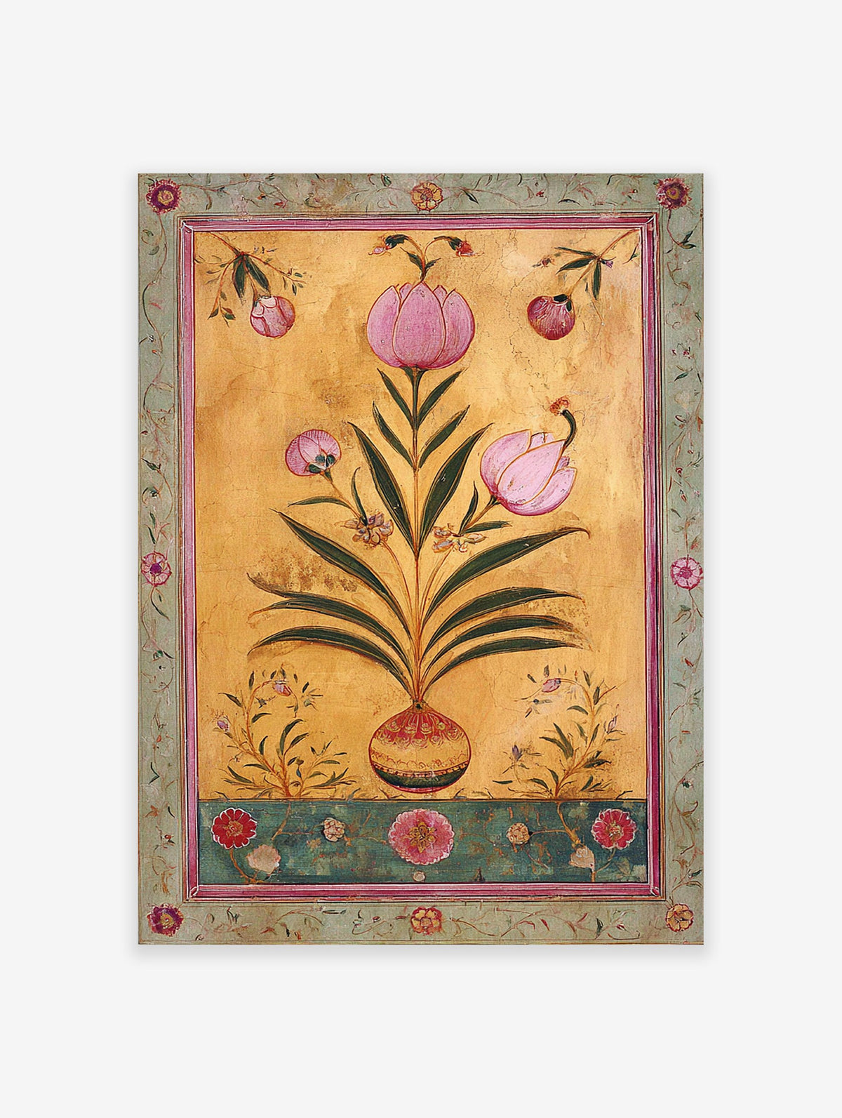Indian wall art featuring pink botanical flowers in a vase on a gold background with a decorative border.