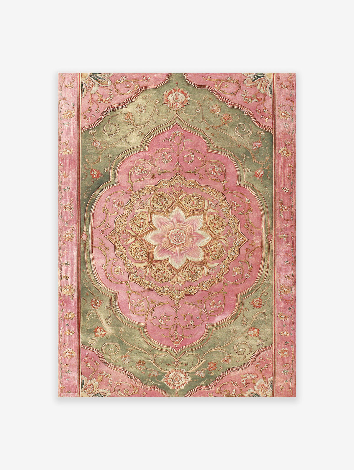 Ornate Indian wall art print with pink and green botanical floral medallion design and gold accents on a white background