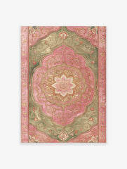 Ornate Indian wall art print with pink and green botanical floral medallion design and gold accents on a white background