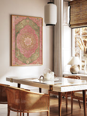 Ornate Indian wall art print with pink and green botanical floral medallion design and gold accents on a white background - Image 2