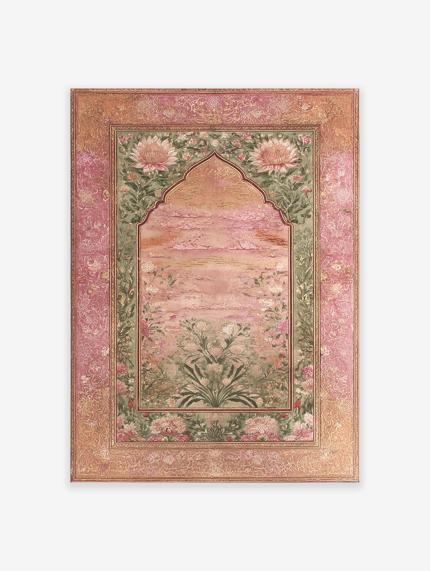 Indian Wall Art featuring a pink lotus botanical print with green foliage and an ornate pink and gold Mughal-style border.