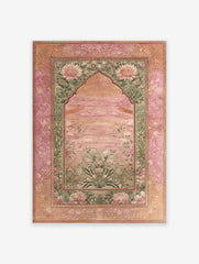Indian Wall Art featuring a pink lotus botanical print with green foliage and an ornate pink and gold Mughal-style border.