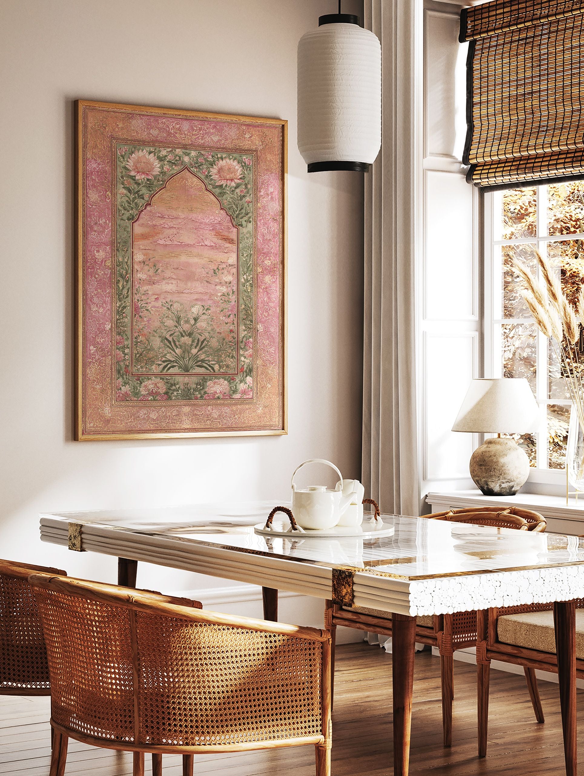 Indian Wall Art featuring a pink lotus botanical print with green foliage and an ornate pink and gold Mughal-style border. - Image 2
