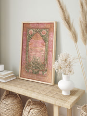 Indian Wall Art featuring a pink lotus botanical print with green foliage and an ornate pink and gold Mughal-style border. - Image 3