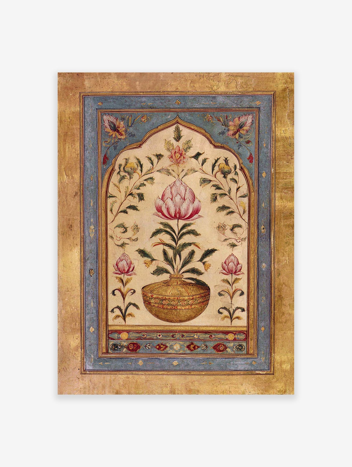 Indian Wall Art featuring a pink lotus flower in a golden vase, surrounded by botanical motifs within an arched frame.