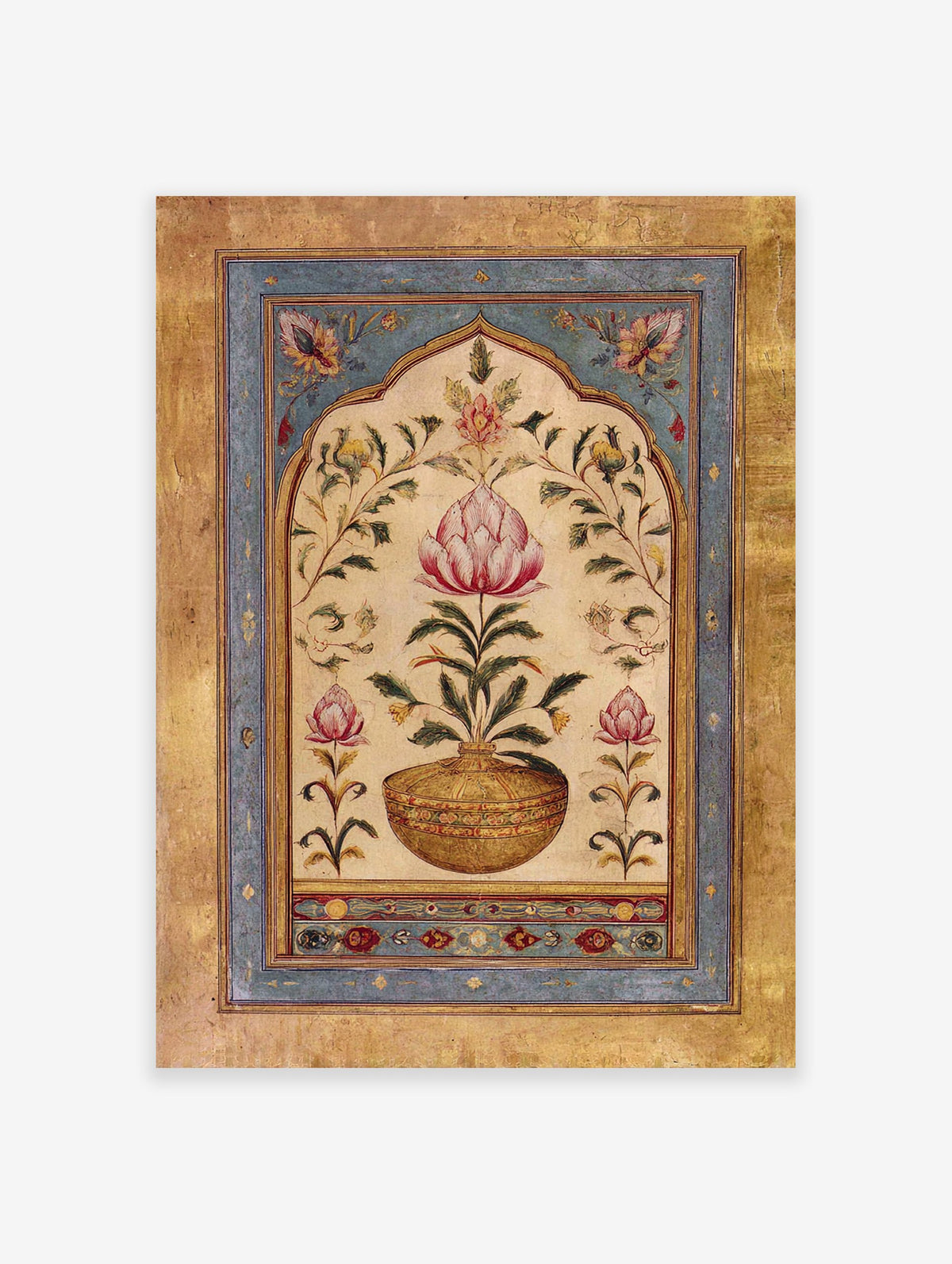 Indian Wall Art featuring a pink lotus flower in a golden vase, surrounded by botanical motifs within an arched frame.