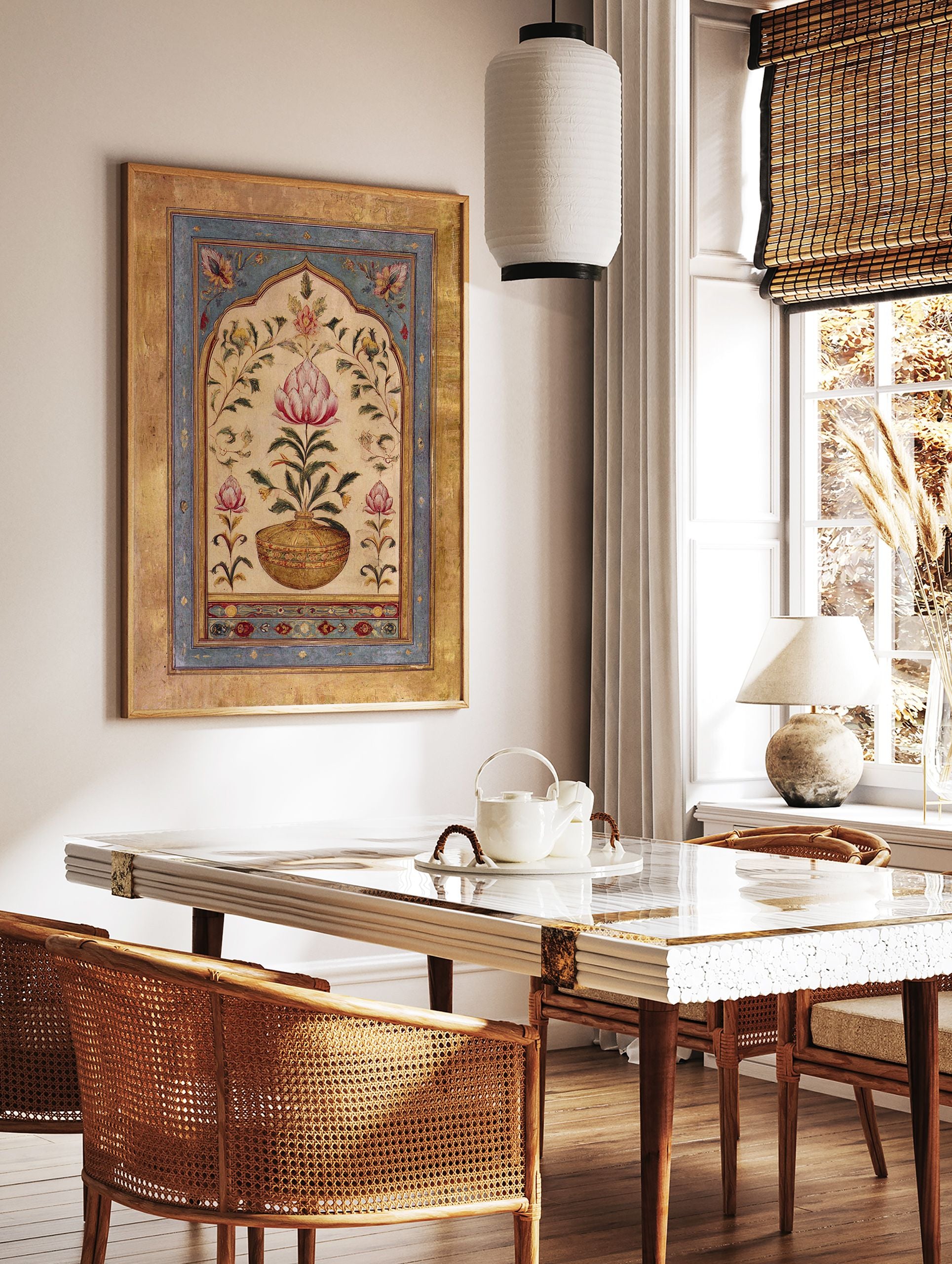 Indian Wall Art featuring a pink lotus flower in a golden vase, surrounded by botanical motifs within an arched frame. - Image 2