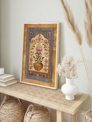 Indian Wall Art featuring a pink lotus flower in a golden vase, surrounded by botanical motifs within an arched frame. - Image 3
