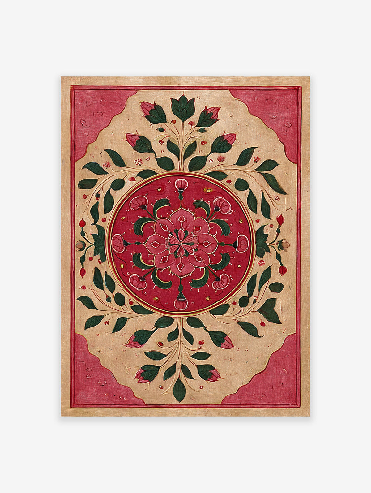 Red lotus floral painting in traditional Indian botanical style on a beige background with red and gold borders