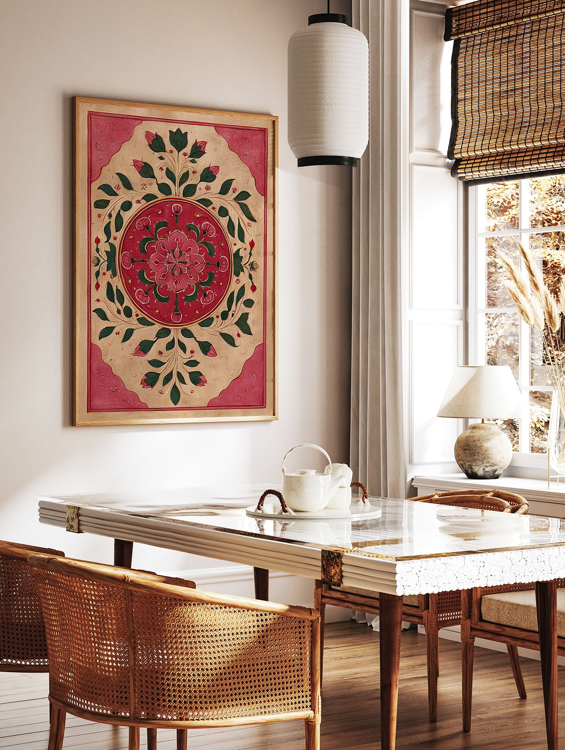 Red lotus floral painting in traditional Indian botanical style on a beige background with red and gold borders - Image 2