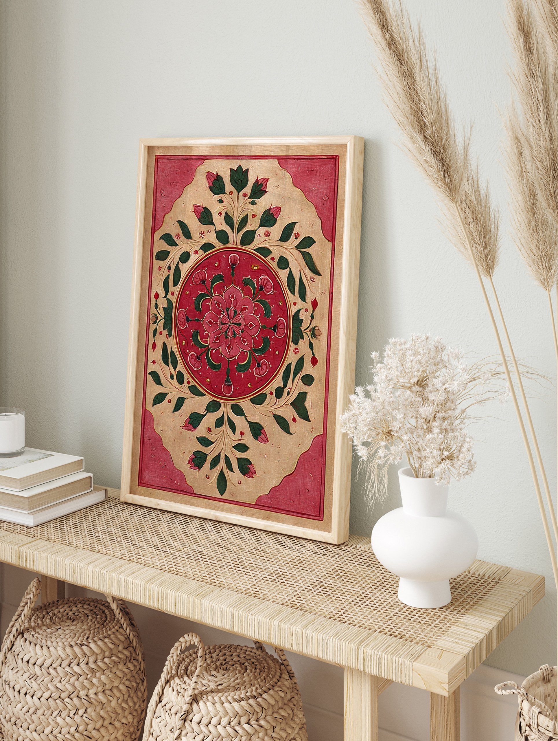 Red lotus floral painting in traditional Indian botanical style on a beige background with red and gold borders - Image 3