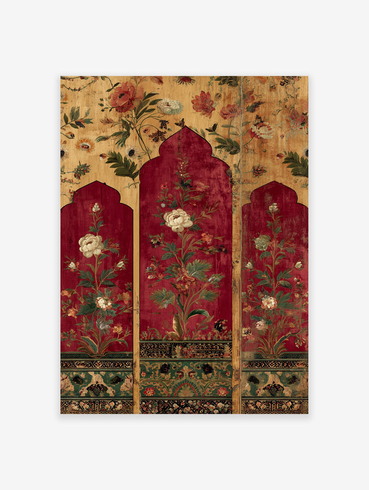 Three panel Indian botanical wall art with red arches, white and red flowers, and gold background with intricate patterns.